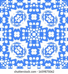 Ornamental azulejo portugal tiles decor. Vector seamless pattern concept. Universal design. Blue gorgeous flower folk print for linens, smartphone cases, scrapbooking, bags or T-shirts.