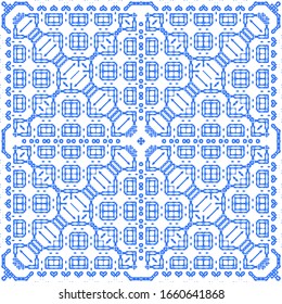 Ornamental azulejo portugal tiles decor. Vector seamless pattern concept. Universal design. Blue gorgeous flower folk print for linens, smartphone cases, scrapbooking, bags or T-shirts.
