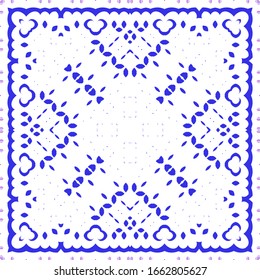 Ornamental azulejo portugal tiles decor. Vector seamless pattern concept. Universal design. Blue gorgeous flower folk print for linens, smartphone cases, scrapbooking, bags or T-shirts.