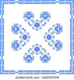 Ornamental azulejo portugal tiles decor. Fashionable design. Vector seamless pattern flyer. Blue gorgeous flower folk print for linens, smartphone cases, scrapbooking, bags or T-shirts.