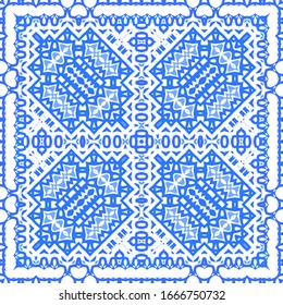 Ornamental azulejo portugal tiles decor. Vector seamless pattern concept. Universal design. Blue gorgeous flower folk print for linens, smartphone cases, scrapbooking, bags or T-shirts.