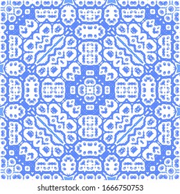 Ornamental azulejo portugal tiles decor. Fashionable design. Vector seamless pattern flyer. Blue gorgeous flower folk print for linens, smartphone cases, scrapbooking, bags or T-shirts.