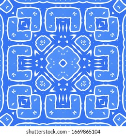 Ornamental azulejo portugal tiles decor. Vector seamless pattern concept. Bathroom design. Blue gorgeous flower folk print for linens, smartphone cases, scrapbooking, bags or T-shirts.