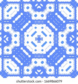 Ornamental azulejo portugal tiles decor. Fashionable design. Vector seamless pattern flyer. Blue gorgeous flower folk print for linens, smartphone cases, scrapbooking, bags or T-shirts.