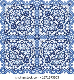 Ornamental azulejo portugal tiles decor. Graphic design. Vector seamless pattern poster. Blue gorgeous flower folk print for linens, smartphone cases, scrapbooking, bags or T-shirts.