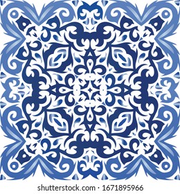 Ornamental azulejo portugal tiles decor. Vector seamless pattern template. Original design. Blue gorgeous flower folk print for linens, smartphone cases, scrapbooking, bags or T-shirts.