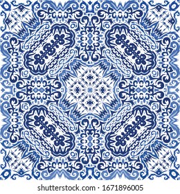Ornamental azulejo portugal tiles decor. Universal design. Vector seamless pattern concept. Blue gorgeous flower folk print for linens, smartphone cases, scrapbooking, bags or T-shirts.