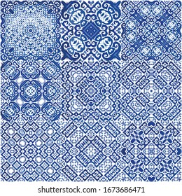Ornamental azulejo portugal tiles decor. Set of vector seamless patterns. Stylish design. Blue gorgeous flower folk prints for linens, smartphone cases, scrapbooking, bags or T-shirts.