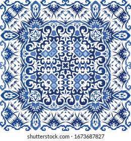 Ornamental azulejo portugal tiles decor. Vector seamless pattern template. Creative design. Blue gorgeous flower folk print for linens, smartphone cases, scrapbooking, bags or T-shirts.