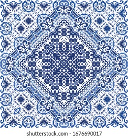 Ornamental azulejo portugal tiles decor. Fashionable design. Vector seamless pattern texture. Blue gorgeous flower folk print for linens, smartphone cases, scrapbooking, bags or T-shirts.