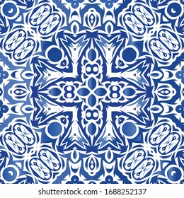 Ornamental azulejo portugal tiles decor. Modern design. Vector seamless pattern concept. Blue gorgeous flower folk print for linens, smartphone cases, scrapbooking, bags or T-shirts.