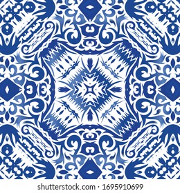 Ornamental azulejo portugal tiles decor. Vector seamless pattern concept. Original design. Blue gorgeous flower folk print for linens, smartphone cases, scrapbooking, bags or T-shirts.