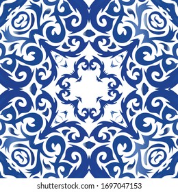 Ornamental azulejo portugal tiles decor. Bathroom design. Vector seamless pattern texture. Blue gorgeous flower folk print for linens, smartphone cases, scrapbooking, bags or T-shirts.