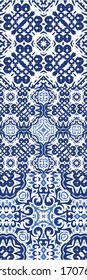 Ornamental azulejo portugal tiles decor. Universal design. Set of vector seamless patterns. Blue gorgeous flower folk prints for linens, smartphone cases, scrapbooking, bags or T-shirts.