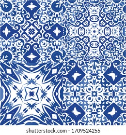 Ornamental azulejo portugal tiles decor. Hand drawn design. Collection of vector seamless patterns. Blue gorgeous flower folk prints for linens, smartphone cases, scrapbooking, bags or T-shirts.