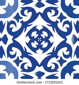Ornamental azulejo portugal tiles decor. Bathroom design. Vector seamless pattern flyer. Blue gorgeous flower folk print for linens, smartphone cases, scrapbooking, bags or T-shirts.