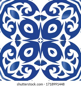 Ornamental azulejo portugal tiles decor. Graphic design. Vector seamless pattern arabesque. Blue gorgeous flower folk print for linens, smartphone cases, scrapbooking, bags or T-shirts.