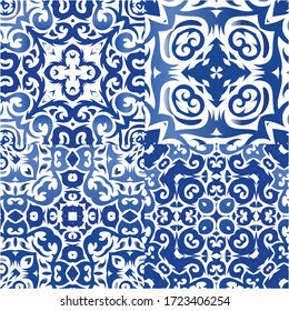 Ornamental azulejo portugal tiles decor. Kitchen design. Collection of vector seamless patterns. Blue gorgeous flower folk prints for linens, smartphone cases, scrapbooking, bags or T-shirts.