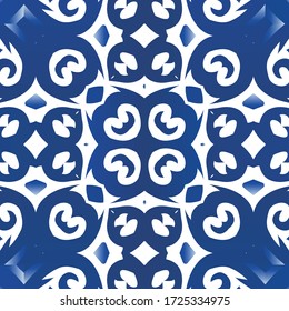 Ornamental azulejo portugal tiles decor. Vector seamless pattern collage. Fashionable design. Blue gorgeous flower folk print for linens, smartphone cases, scrapbooking, bags or T-shirts.
