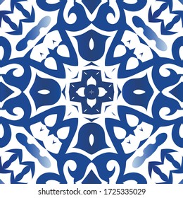 Ornamental azulejo portugal tiles decor. Vector seamless pattern elements. Colored design. Blue gorgeous flower folk print for linens, smartphone cases, scrapbooking, bags or T-shirts.