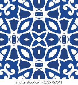 Ornamental azulejo portugal tiles decor. Vector seamless pattern elements. Stylish design. Blue gorgeous flower folk print for linens, smartphone cases, scrapbooking, bags or T-shirts.