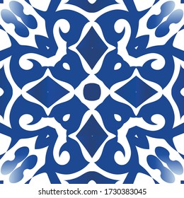 Ornamental azulejo portugal tiles decor. Vector seamless pattern poster. Creative design. Blue gorgeous flower folk print for linens, smartphone cases, scrapbooking, bags or T-shirts.