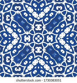 Ornamental azulejo portugal tiles decor. Vector seamless pattern template. Creative design. Blue gorgeous flower folk print for linens, smartphone cases, scrapbooking, bags or T-shirts.