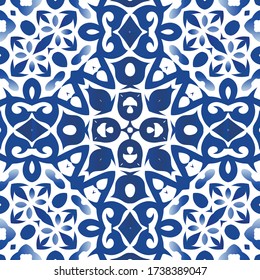 Ornamental azulejo portugal tiles decor. Vector seamless pattern illustration. Bathroom design. Blue gorgeous flower folk print for linens, smartphone cases, scrapbooking, bags or T-shirts.