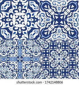 Ornamental azulejo portugal tiles decor. Collection of vector seamless patterns. Bathroom design. Blue gorgeous flower folk prints for linens, smartphone cases, scrapbooking, bags or T-shirts.