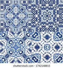 Ornamental azulejo portugal tiles decor. Geometric design. Kit of vector seamless patterns. Blue gorgeous flower folk prints for linens, smartphone cases, scrapbooking, bags or T-shirts.