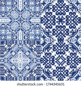 Ornamental azulejo portugal tiles decor. Minimal design. Set of vector seamless patterns. Blue gorgeous flower folk prints for linens, smartphone cases, scrapbooking, bags or T-shirts.