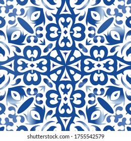 Ornamental azulejo portugal tiles decor. Fashionable design. Vector seamless pattern poster. Blue gorgeous flower folk print for linens, smartphone cases, scrapbooking, bags or T-shirts.