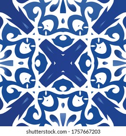 Ornamental azulejo portugal tiles decor. Universal design. Vector seamless pattern frame. Blue gorgeous flower folk print for linens, smartphone cases, scrapbooking, bags or T-shirts.