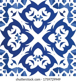 Ornamental azulejo portugal tiles decor. Vector seamless pattern watercolor. Original design. Blue gorgeous flower folk print for linens, smartphone cases, scrapbooking, bags or T-shirts.