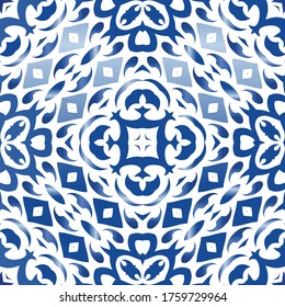 Ornamental azulejo portugal tiles decor. Vector seamless pattern collage. Geometric design. Blue gorgeous flower folk print for linens, smartphone cases, scrapbooking, bags or T-shirts.