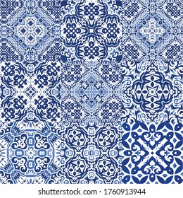 Ornamental azulejo portugal tiles decor. Collection of vector seamless patterns. Universal design. Blue gorgeous flower folk prints for linens, smartphone cases, scrapbooking, bags or T-shirts.