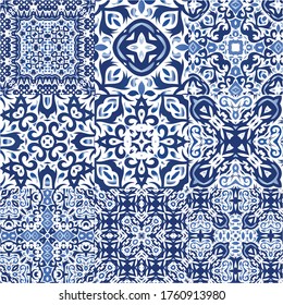 Ornamental azulejo portugal tiles decor. Collection of vector seamless patterns. Fashionable design. Blue gorgeous flower folk prints for linens, smartphone cases, scrapbooking, bags or T-shirts.