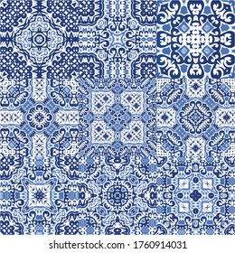 Ornamental azulejo portugal tiles decor. Stylish design. Set of vector seamless patterns. Blue gorgeous flower folk prints for linens, smartphone cases, scrapbooking, bags or T-shirts.
