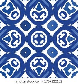 Ornamental azulejo portugal tiles decor. Vector seamless pattern collage. Fashionable design. Blue gorgeous flower folk print for linens, smartphone cases, scrapbooking, bags or T-shirts.