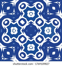 Ornamental azulejo portugal tiles decor. Colored design. Vector seamless pattern illustration. Blue gorgeous flower folk print for linens, smartphone cases, scrapbooking, bags or T-shirts.