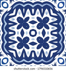 Ornamental azulejo portugal tiles decor. Vector seamless pattern trellis. Creative design. Blue gorgeous flower folk print for linens, smartphone cases, scrapbooking, bags or T-shirts.