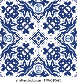 Ornamental azulejo portugal tiles decor. Bathroom design. Vector seamless pattern trellis. Blue gorgeous flower folk print for linens, smartphone cases, scrapbooking, bags or T-shirts.