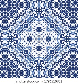 Ornamental azulejo portugal tiles decor. Stylish design. Vector seamless pattern elements. Blue gorgeous flower folk print for linens, smartphone cases, scrapbooking, bags or T-shirts.
