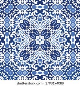 Ornamental azulejo portugal tiles decor. Vector seamless pattern elements. Original design. Blue gorgeous flower folk print for linens, smartphone cases, scrapbooking, bags or T-shirts.