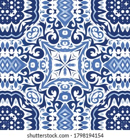 Ornamental azulejo portugal tiles decor. Kitchen design. Vector seamless pattern template. Blue gorgeous flower folk print for linens, smartphone cases, scrapbooking, bags or T-shirts.