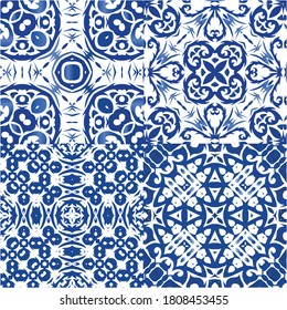 Ornamental azulejo portugal tiles decor. Hand drawn design. Collection of vector seamless patterns. Blue gorgeous flower folk prints for linens, smartphone cases, scrapbooking, bags or T-shirts.
