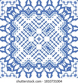 Ornamental azulejo portugal tiles decor. Vector seamless pattern concept. Universal design. Blue gorgeous flower folk print for linens, smartphone cases, scrapbooking, bags or T-shirts.