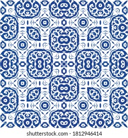 Ornamental azulejo portugal tiles decor. Fashionable design. Vector seamless pattern frame. Blue gorgeous flower folk print for linens, smartphone cases, scrapbooking, bags or T-shirts.