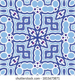 Ornamental azulejo portugal tiles decor. Vector seamless pattern template. Stylish design. Blue gorgeous flower folk print for linens, smartphone cases, scrapbooking, bags or T-shirts.