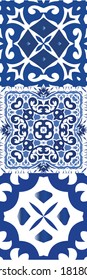 Ornamental azulejo portugal tiles decor. Universal design. Kit of vector seamless patterns. Blue gorgeous flower folk prints for linens, smartphone cases, scrapbooking, bags or T-shirts.